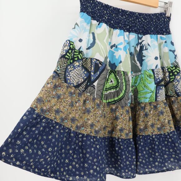 Boho Patchwork Tiered Mini Skirt Cottage Peasant 70s Smocked Waist Floral Size S - Picture 9 of 10